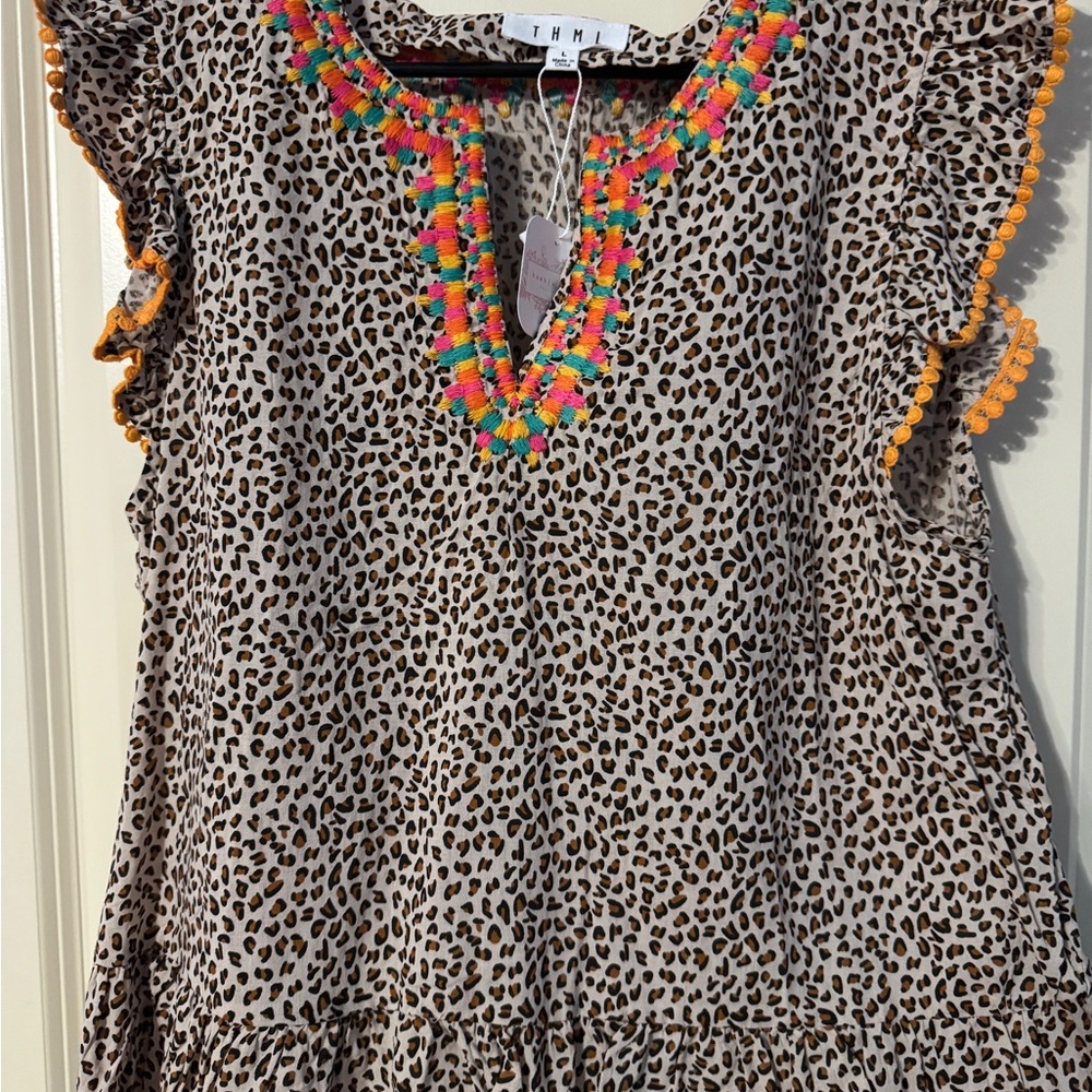 THML Leopard Print Blouse with Multicolor Embroidery
